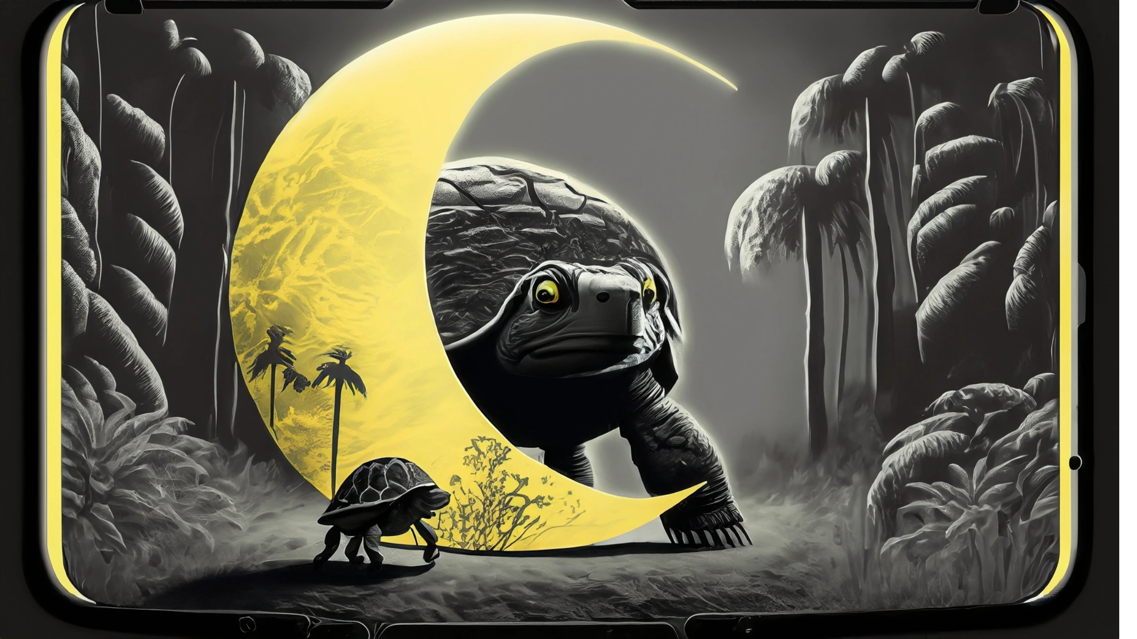 A small turtle follows a larger turtle beneath a glowing crescent moon that illuminates a black and white jungle scene