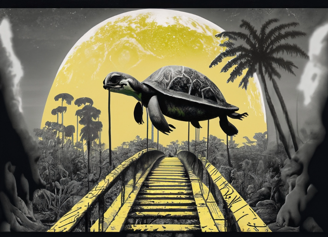 A turtle floats above a yellow bridge that extends into a black and white jungle, with a large yellow moon in the background and stylized palm trees