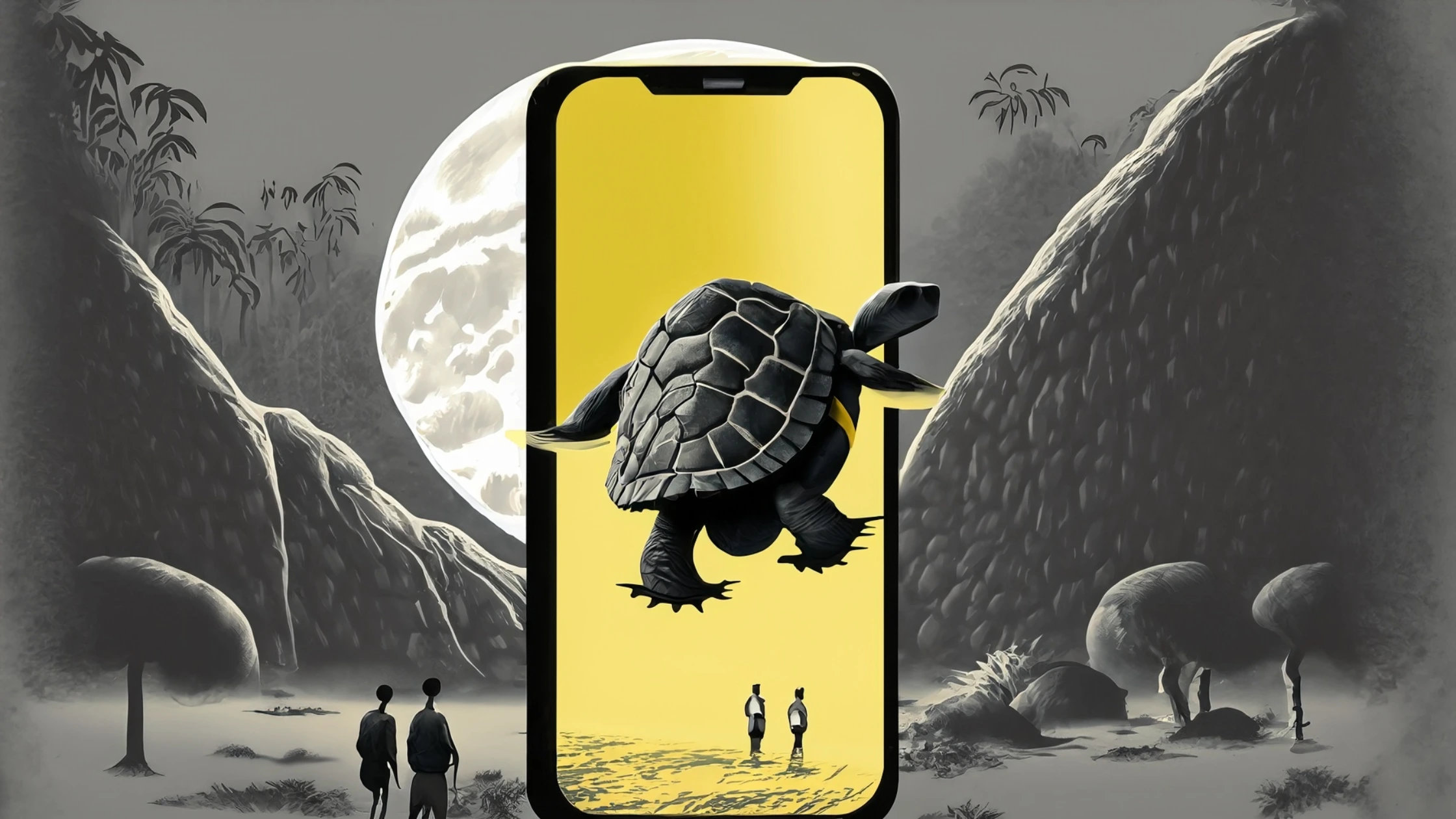 A turtle appears to walk out of a smartphone screen, which displays a bright yellow moon, towards three people standing in a black and white landscape with strangely shaped hills.