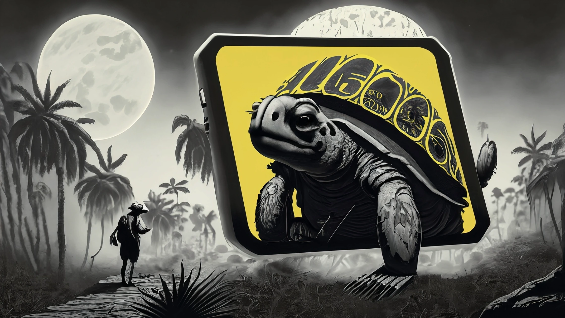 A traveler with a backpack encounters a giant turtle emerging from a glowing yellow tablet screen in a monochromatic jungle setting with a large moon overhead