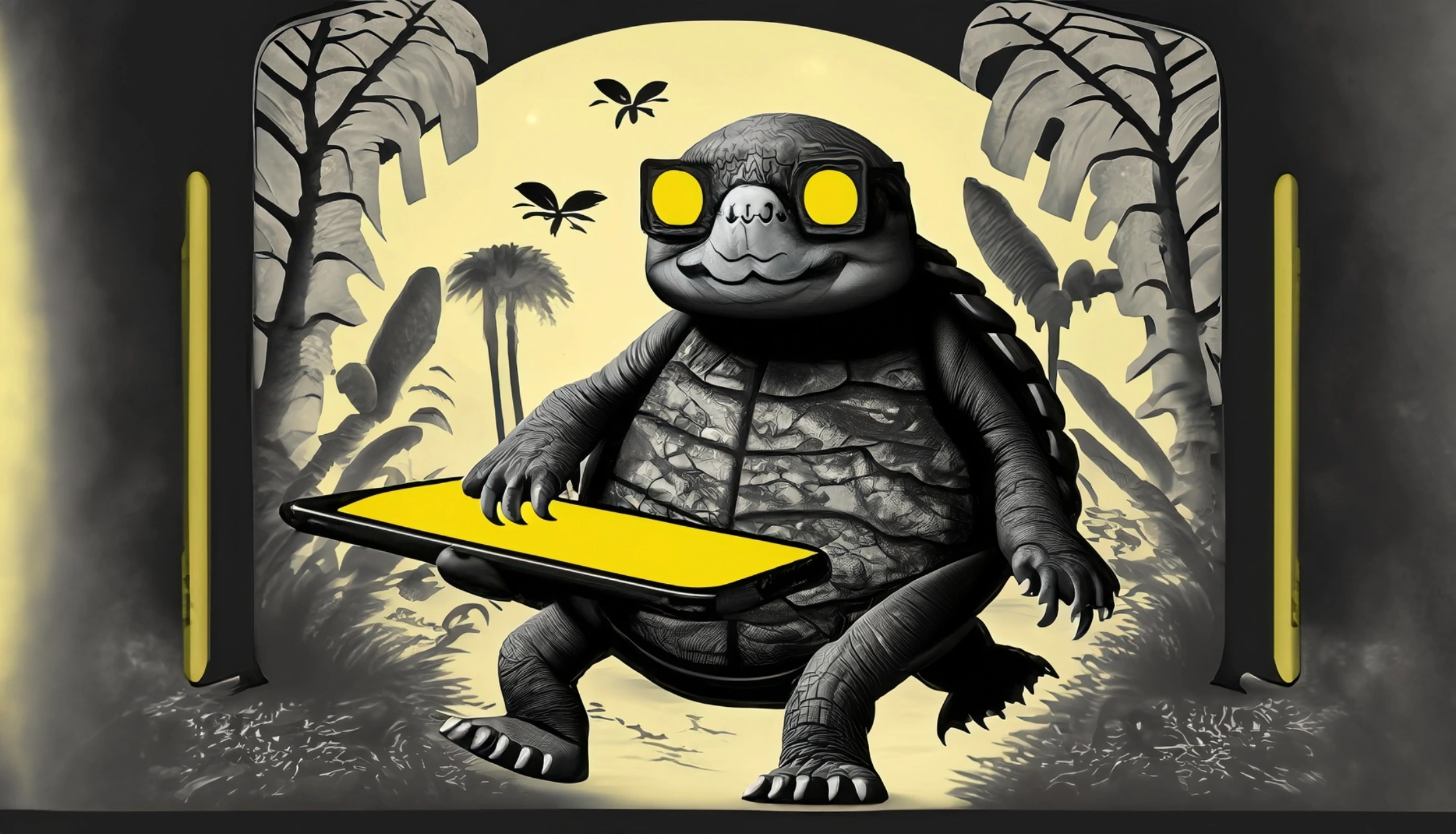 A turtle wearing round yellow glasses sits holding a smartphone with a glowing yellow screen in a black and white jungle setting.