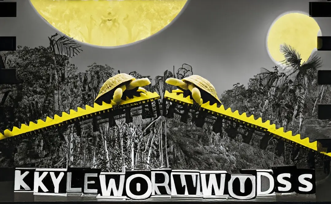 Two turtles with yellow shells stand on opposite ends of a yellow cogged bridge, reaching towards each other against a backdrop of a black and white jungle with two large yellow moons. The title "KEYWORDS" is displayed in cut-out letters at the bottom