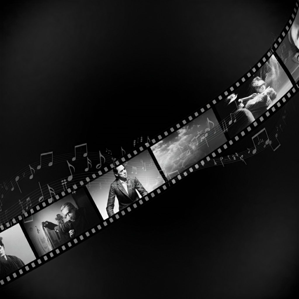 A black and white filmstrip with frames from a dramatic movie, each frame bordered by AI symbols, and musical notes flowing up from the bottom.