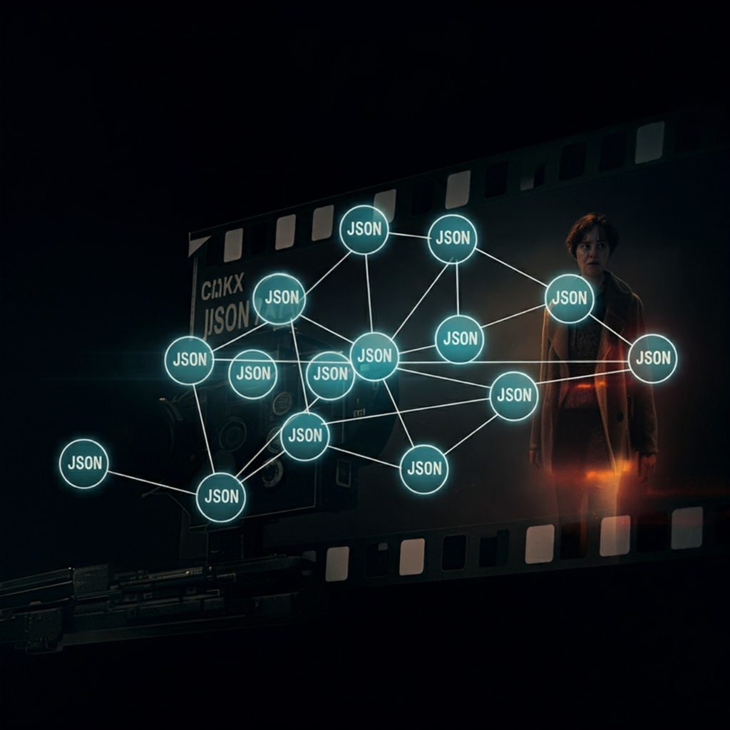 A network of interconnected nodes labeled "JSON" overlaid on a film scene, representing the structured data and relationships within the film.