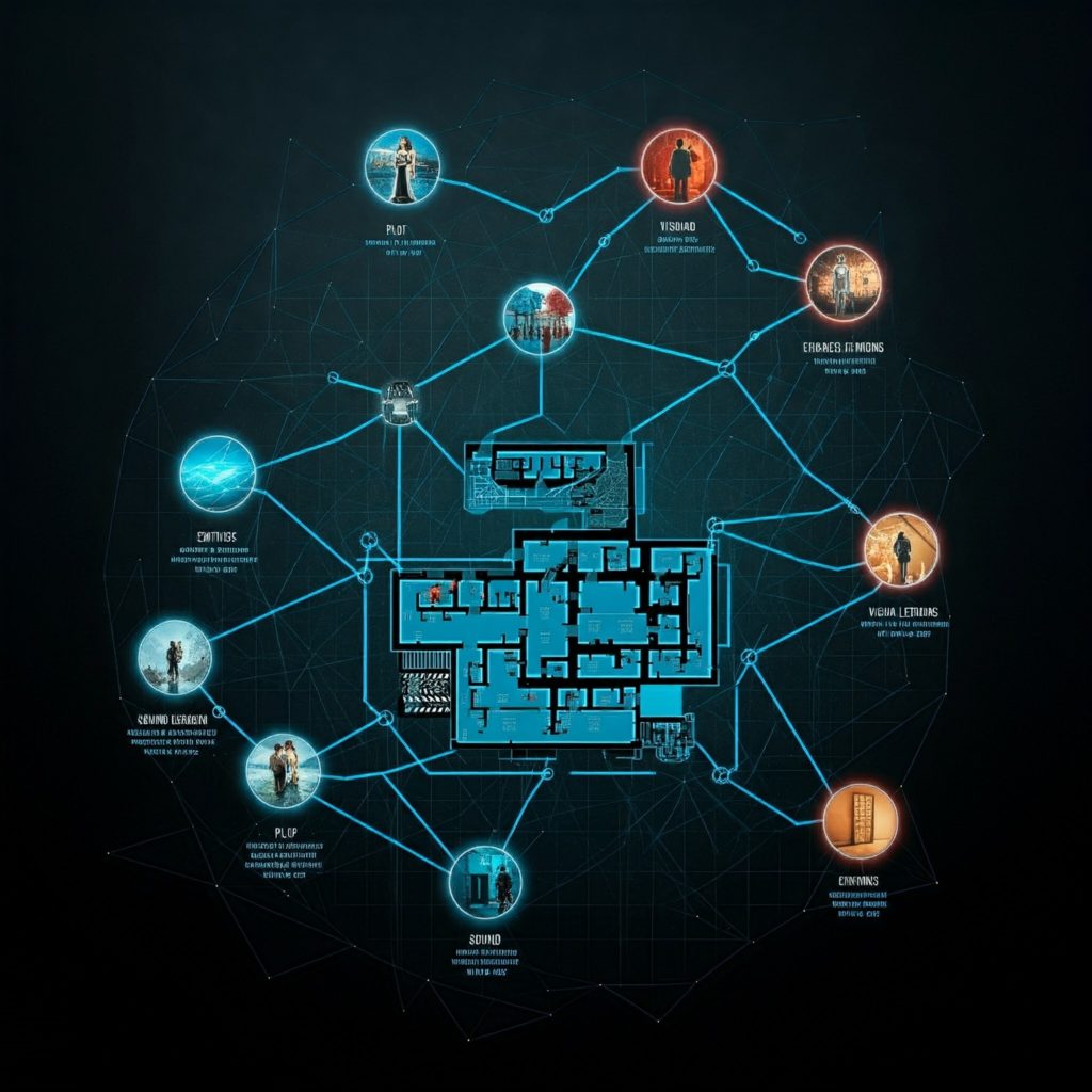 A digital blueprint of a film, visualized as a network of interconnected nodes and pathways, representing the interconnectedness of various filmmaking elements.