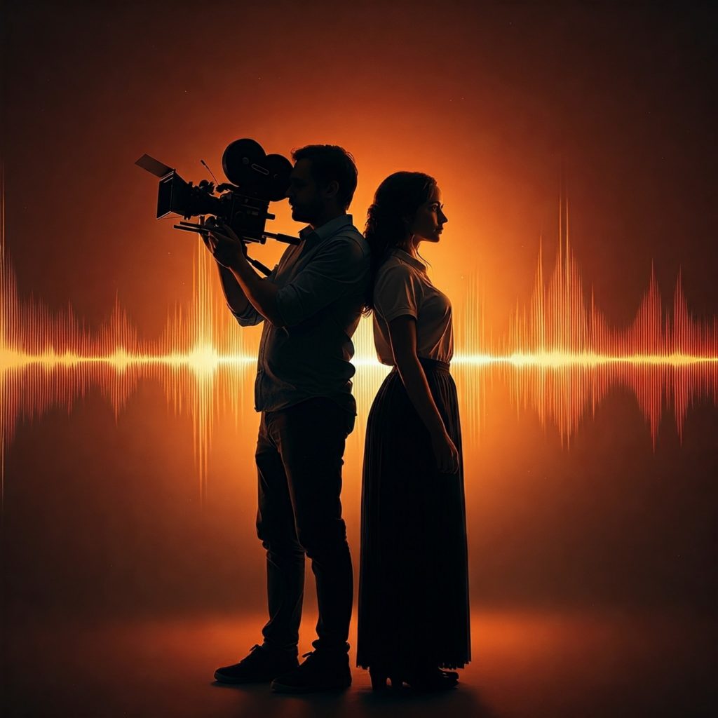 A stylized illustration depicting a filmmaker and a viewer standing back-to-back, surrounded by sound waves symbolizing the influence of a visual leader.