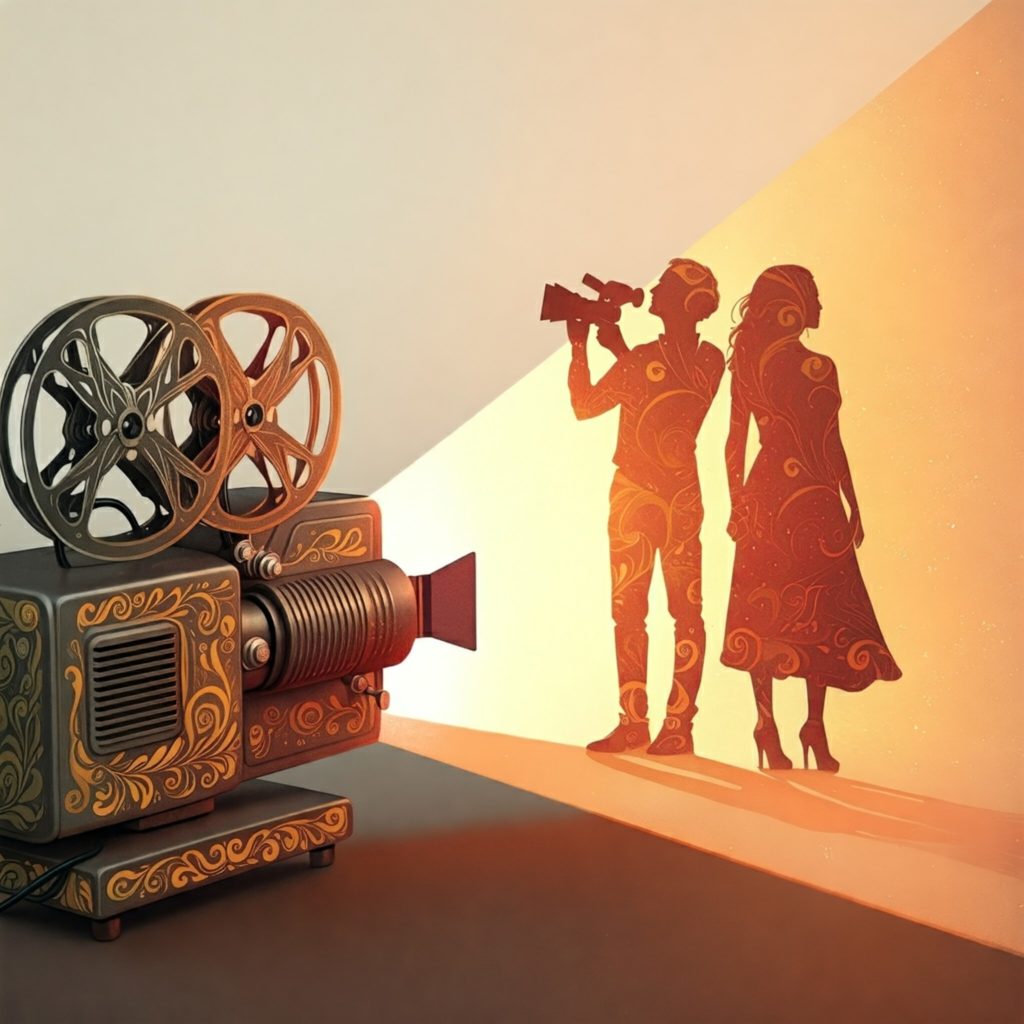 A stylized illustration depicting an old film camera projecting an image of a modern filmmaker holding a digital camera, symbolizing the enduring power of visual storytelling.