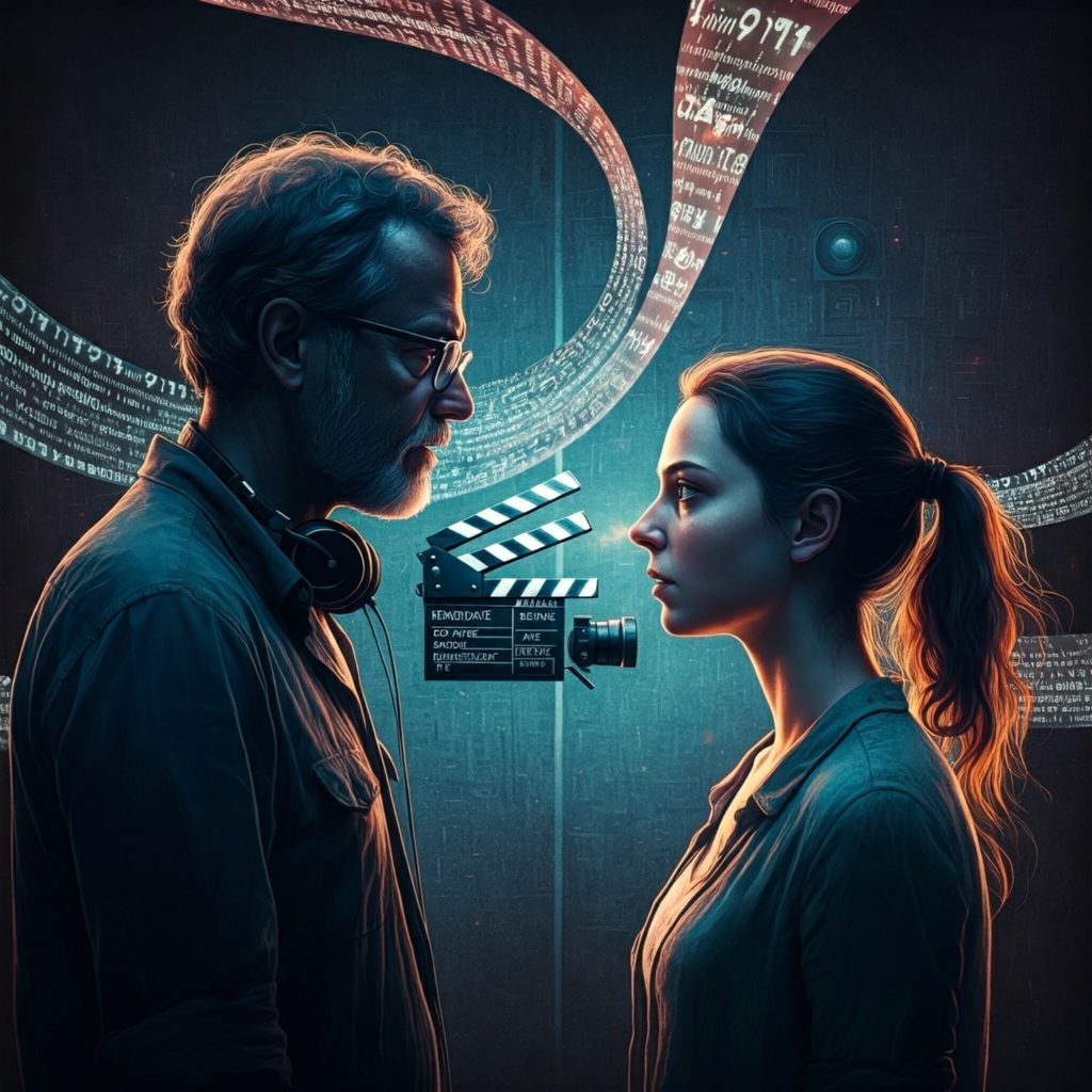 A stylized illustration of a filmmaker and viewer facing each other, surrounded by swirling metadata, symbolizing their shared understanding and the role of metadata in facilitating communication.